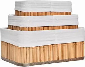 03 Cestos Organizadores de Bambu Conjunto Kit Armazenamento Banheiros Armários Lavanderias Multiuso Bonito Elegante Lavável Forro 0050