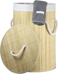 Cesto De Bambu Redondo Com Tampa Para Roupas Sujas Dobrável Alça Macia Forro Removível Ideal Para Lavanderia