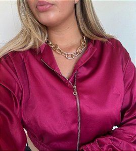 Jaqueta Cropped em Cetim com Zíper
