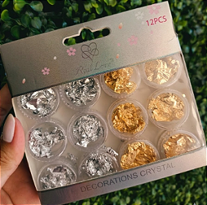 Kit c/12 Potinho Individuais De Folha De Ouro/Prata Para Decoração De Unhas – Real Love