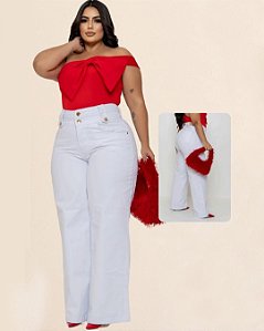 Calça Jeans Wide Leg Cris Branca Plus Size