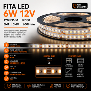 Fita LED 6W 12V 120led/m IRC80 5MT 5MM 600lm/m