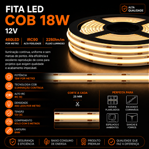 Fita LED COB 18W 12V 480LED IRC90 5MTS 2280m/m