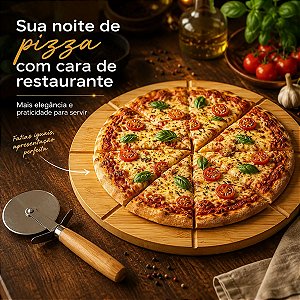 Tábua Para Pizza Em Bambu Com Cortador Prático Elegante