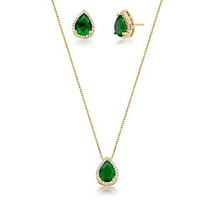 CONJUNTO COLAR E BRINCO COM CRISTAL GOTA BANHADO A OURO