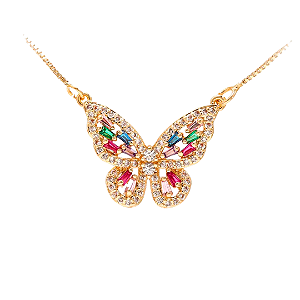 Colar Dourado Borboleta Cravejada Joia Moderna com Toque Sensual
