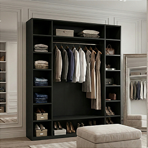 Armário Colmeia 01 Cabideiro + Prateleiras + Nichos Preto Cód.102