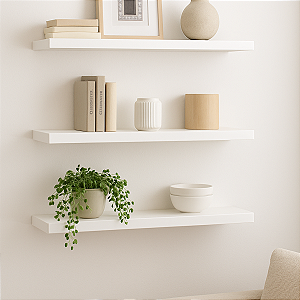 4 Prateleira MDF 25X10 + Suporte Flutuante Decoração Branco Cód.1311