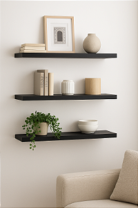 3 Prateleira MDF 25X10 + Suporte Flutuante a Decoração Sala Preto Cód.1311