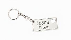 50 Chaveiros Mdf 3mm Jesus Te ama + Coração Vazado Branco Cód.1406
