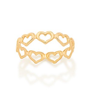 Anel Com Aro De Coraçoes Banhado A Ouro 18K