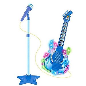 KIT MICROFONE GUITARRA INFANTIL ROCK STAR AMPLIFICADOR MUSICAL PEDESTAL KARAOKE