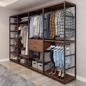 Closet Aberto Modular Industrial ART Premium – Madeira Rústica & Estrutura Metálica Reforçada