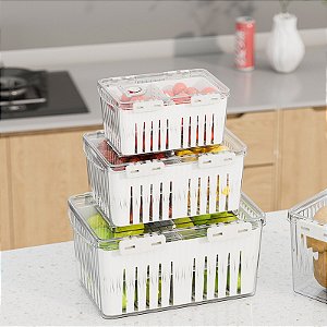 Kit 3 Organizadores De Geladeira Com Cesto Escorredor E Data