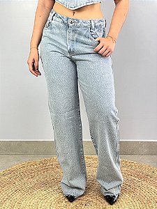 Calça Jeans Wide Leg Strass