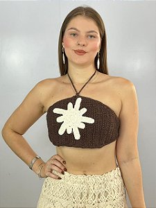 Cropped Crochê Flor Marrom\Off