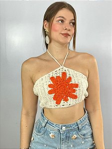 Cropped Crochê Flor Off\Laranja