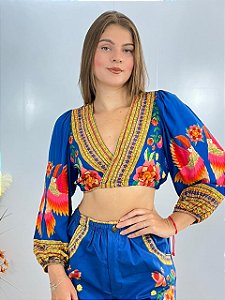 Cropped PomPom Algodão Azul Bic Valentina