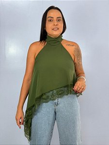 Blusa Assimetrica Renda Verde Militar