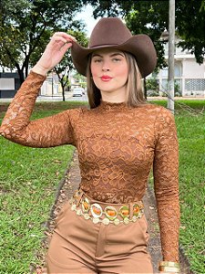 Body Tule Flores Marrom