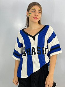 Blusa Over Tricot Brasil Azul\Branco