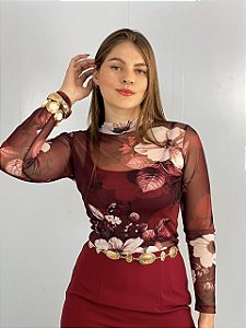 Body Tule Flor Vinho