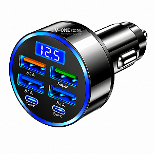 CARREGADOR VEICULAR TURBO 6X1 3.1A (4 USB + 2 USC-C)