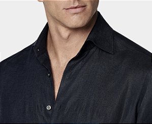 Camisa Social Masculino Linho Azul Marinho Slim