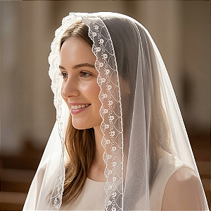 Véu Católico Santa Pureza – Tule Cristal Luxo com Aplicação em Organza Luxo | Branco