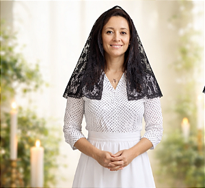 Véu católico preto para Missa Florzinha de Maria com presilha e saquinho Porta véus