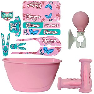 Kit De Cestinha Buzina Adesivo P/Bicicleta Aro 12 Nathor