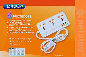 Extensão Multifuncional 1USB-C + 3USB-A e 3 Tomadas