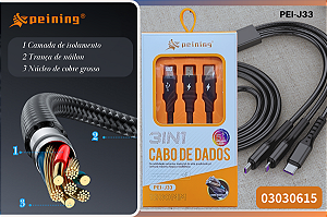 Cabo de Dados 3 em 1 PEI-J33 Carregamento Rápido 5A