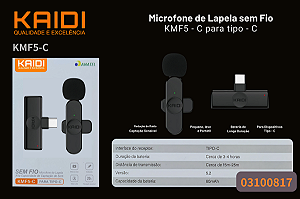 Microfone de Lapela Sem Fio Kaidi KMF5-C para TIPO-C
