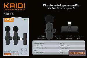 Microfone de Lapela Sem Fio Kaidi KMF6-C para TIPO-C