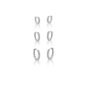 Trio de brincos argolas com zircônias brancas