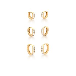 Trio de argolas folheadas a ouro com zircônias brancas