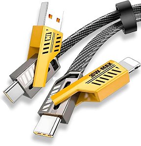 Cabo 4 em 1 Reforçado 65W Turbo com Conectores Lightning, Tipo-C e USB-A