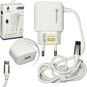 CARREGADOR DE TOMADA BIVOLT RAPIDO 1 SAIDA USB 2.4A E CABO TIPO C EXOCELL 90CM