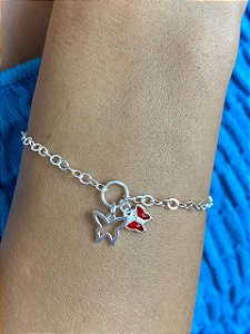Pulseira Borboleta Vazada e Borboleta Vermelha em Prata 925