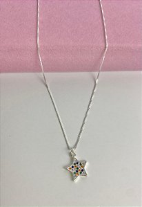 Colar em Prata 925  Estrela Cravejada com Zircônias Coloridas