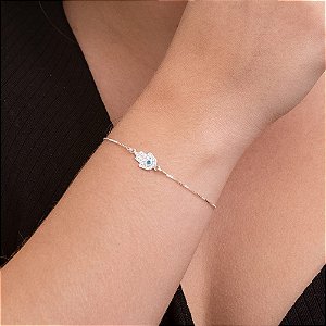Pulseira Veneziana em Prata 925 Mão de Fátima com Olho Grego