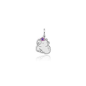 Pingente Prata 925 Capivara com Flor Rosa