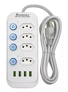 Filtro De Linha 4 Tomadas Padrão + 4 Usb - Bommax A197 Cor Branco