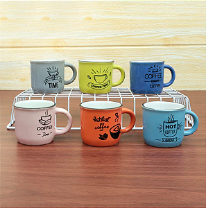 Jogo 6 Mini Canecas de Cerâmica Frases Sortidas 60ml