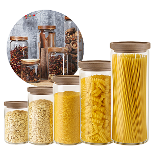 Kit Com 5 Potes Hermético De Vidro Com Tampa De Madeira Para Mantimentos