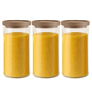 Kit Com 3 Potes Herméticos De Vidro de 950ML Com Tampa De Madeira Para Mantimentos
