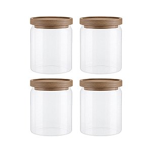 Kit Com 4 Potes Herméticos De Vidro de 500ML Com Tampa De Madeira Para Mantimentos