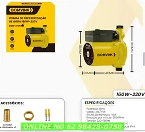 BOMBA PRESSURIZACAO AGUA 160W-220V REF 8706-BOMVINK