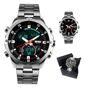 Relogio Masculino Skmei AnaDigi 1146 Prata e Preto Original Certificado com Garantia a Prova D´agua, Caixa Personalizada
